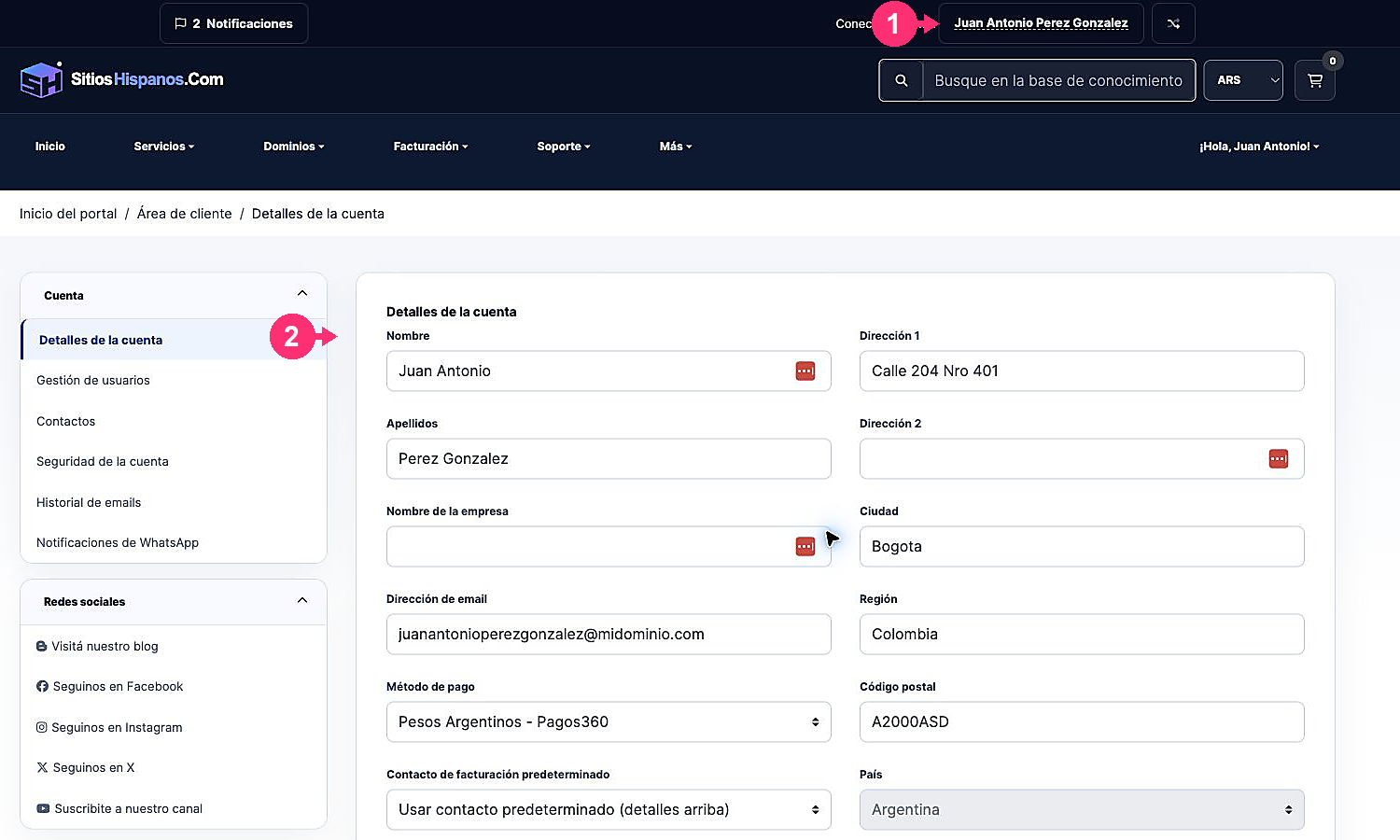 Ubicación del nombre del cliente y del acceso a Detalles de la cuenta