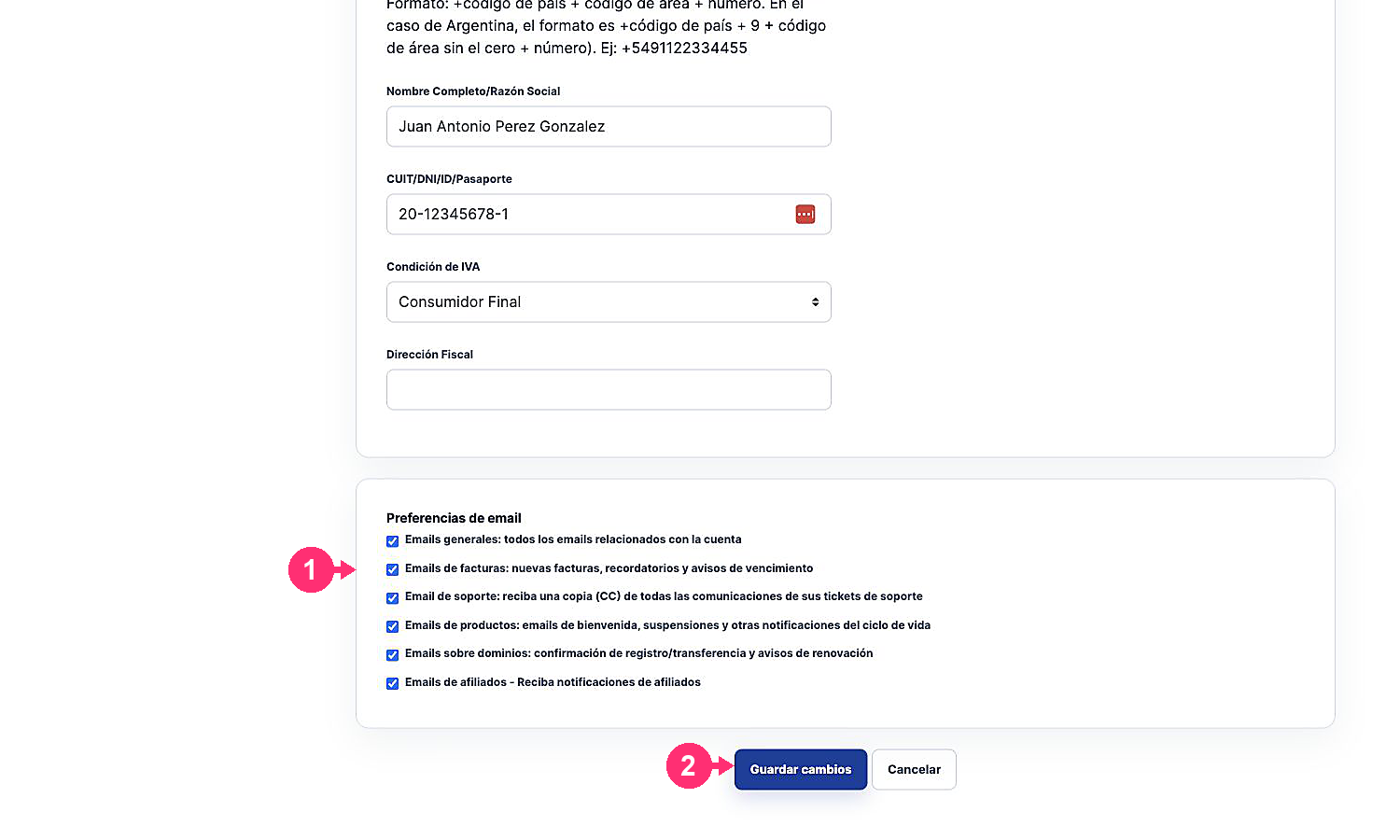 Preferencias de email y botón Guardar cambios