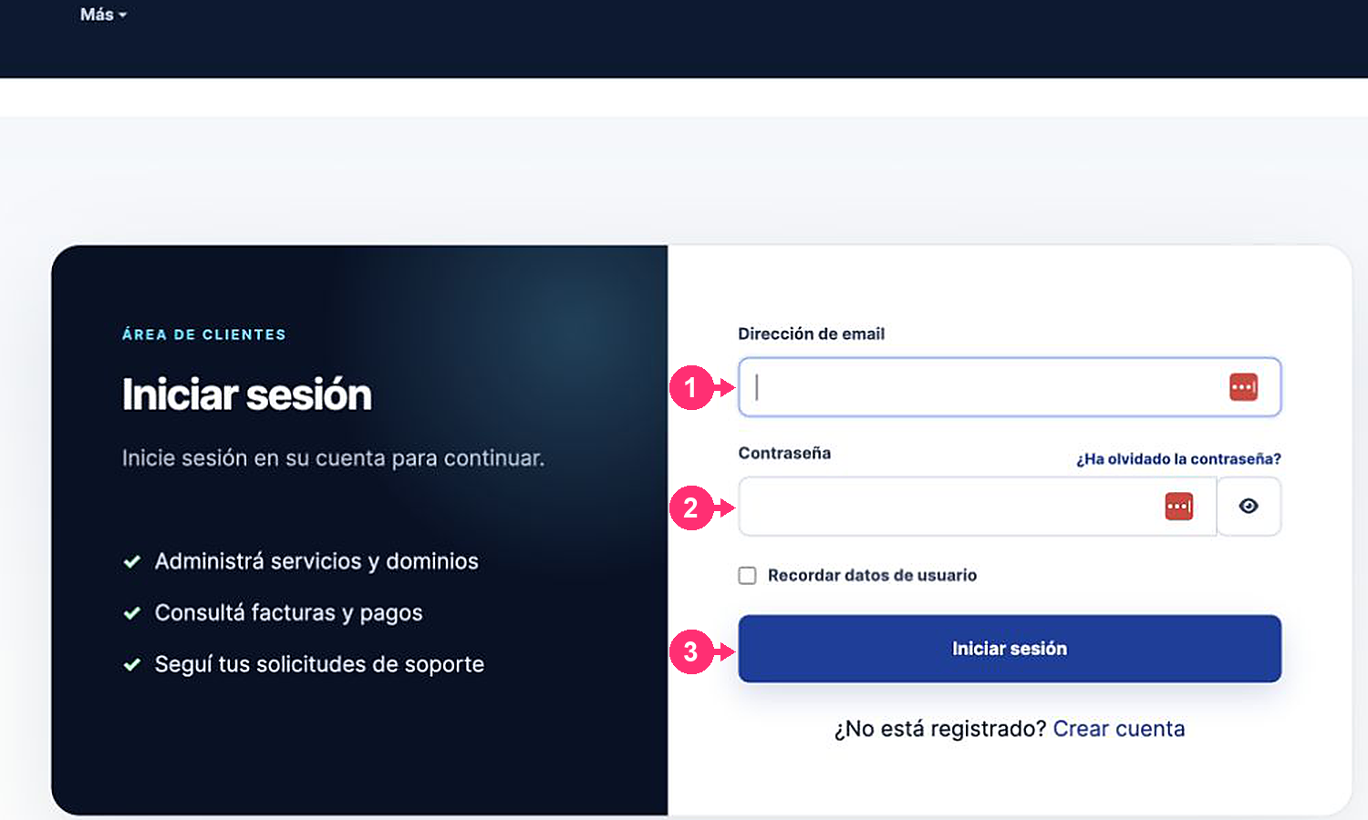 Formulario de inicio de sesión del Área de Cliente