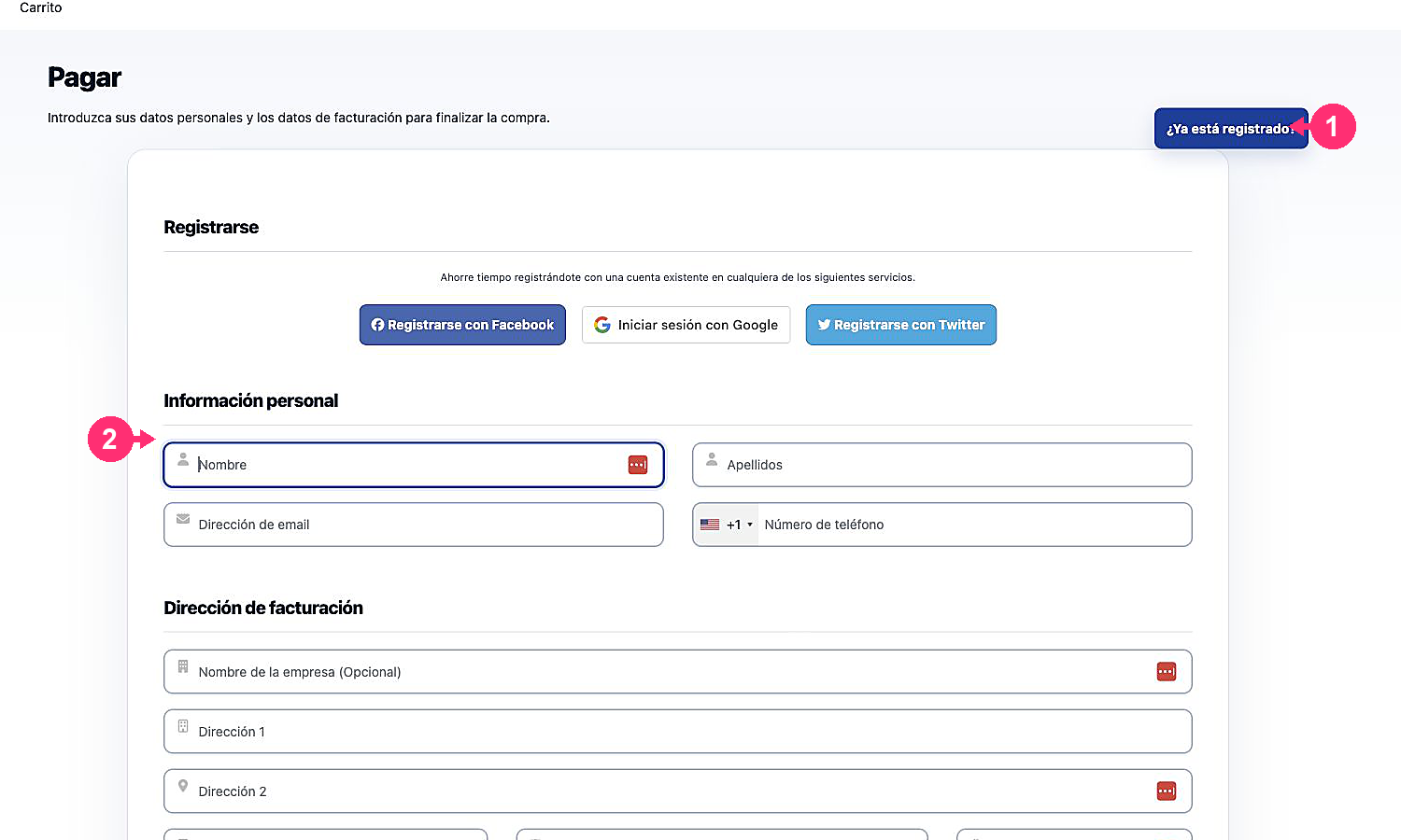 Formulario para registrarse durante el checkout