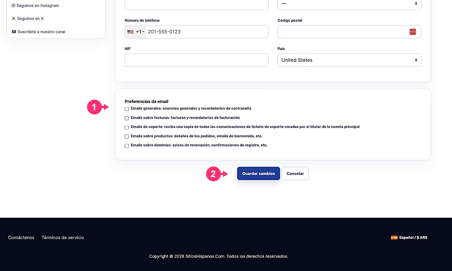Preferencias de email y botón Guardar cambios del nuevo contacto