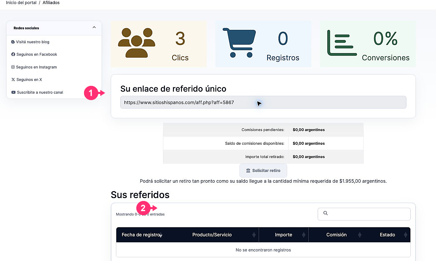 Estadísticas, enlace de referido y resumen de comisiones