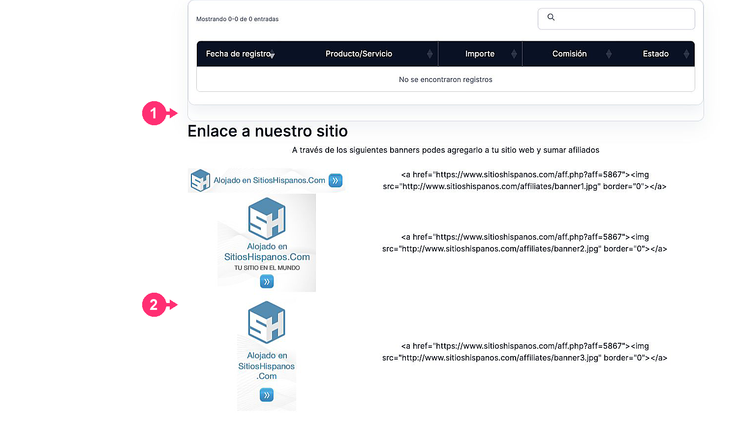 Listado de referidos y banners del programa de afiliados