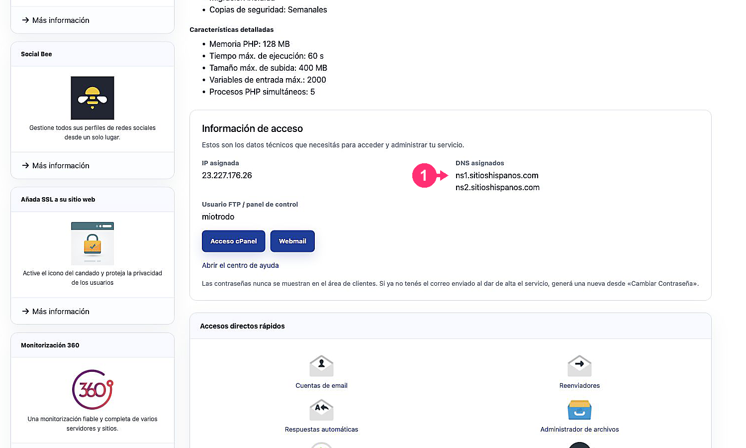 DNS asignados en la información de acceso del servicio