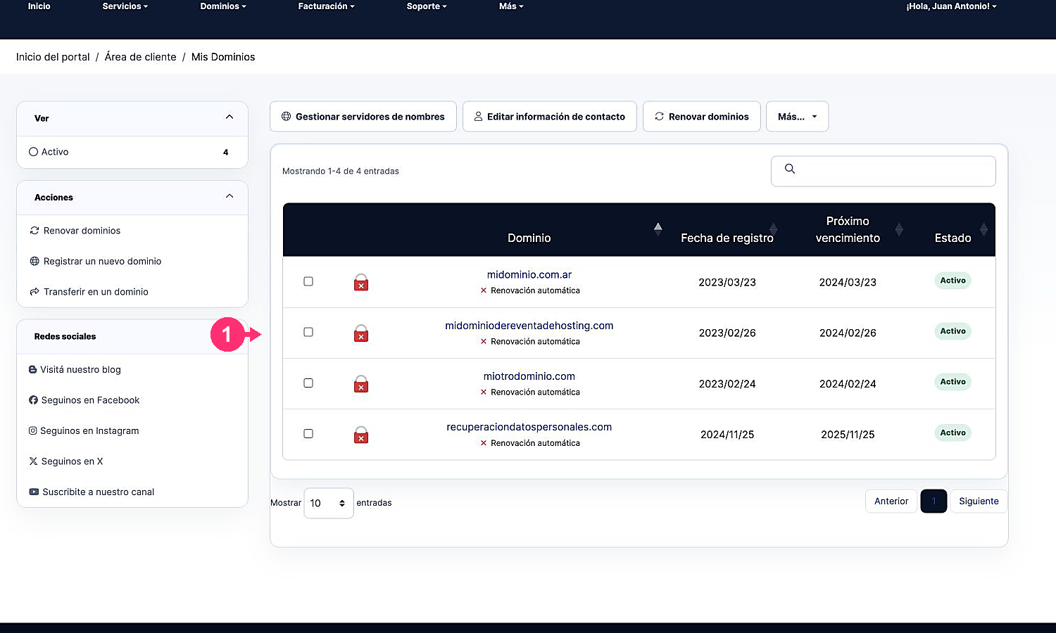 Listado actualizado de dominios