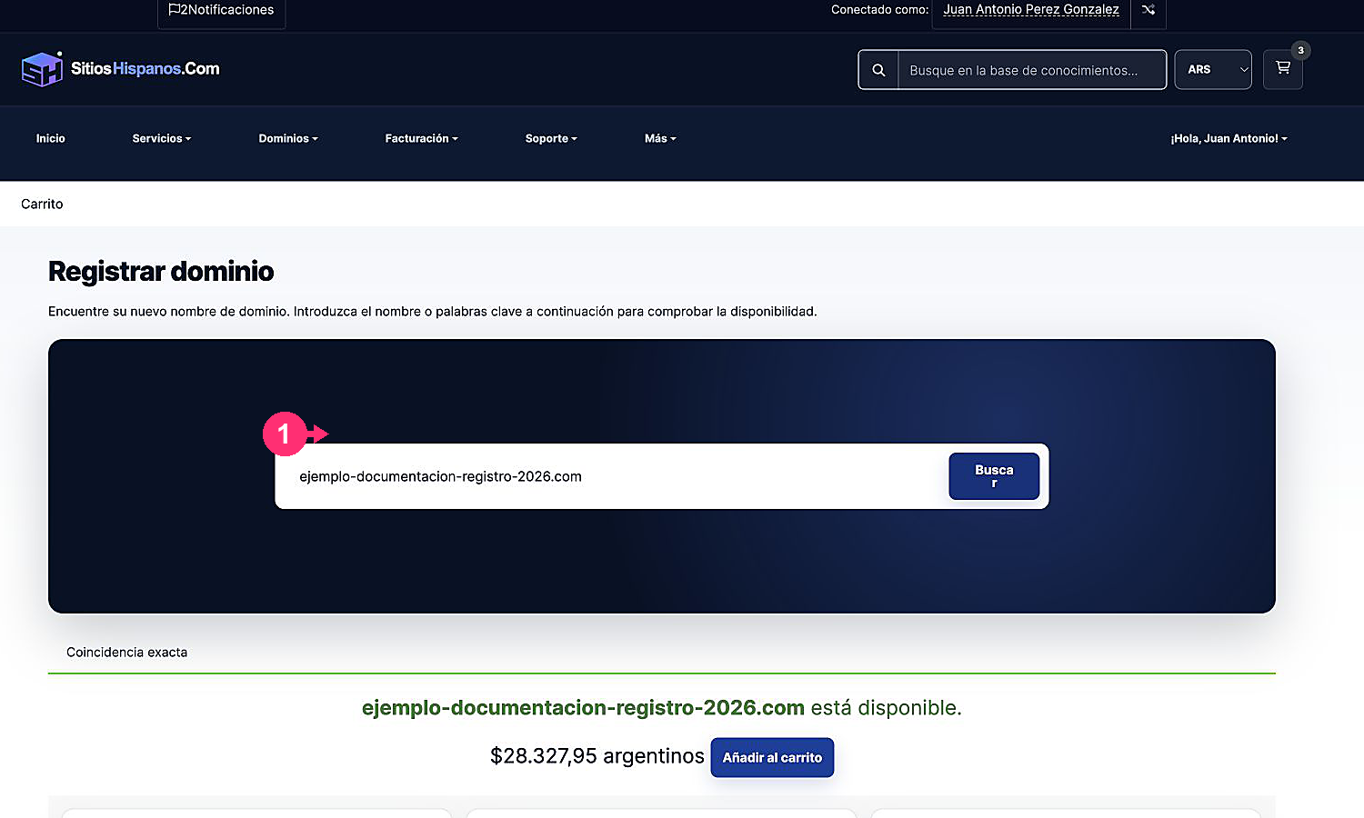 Resultado de disponibilidad de un dominio nuevo