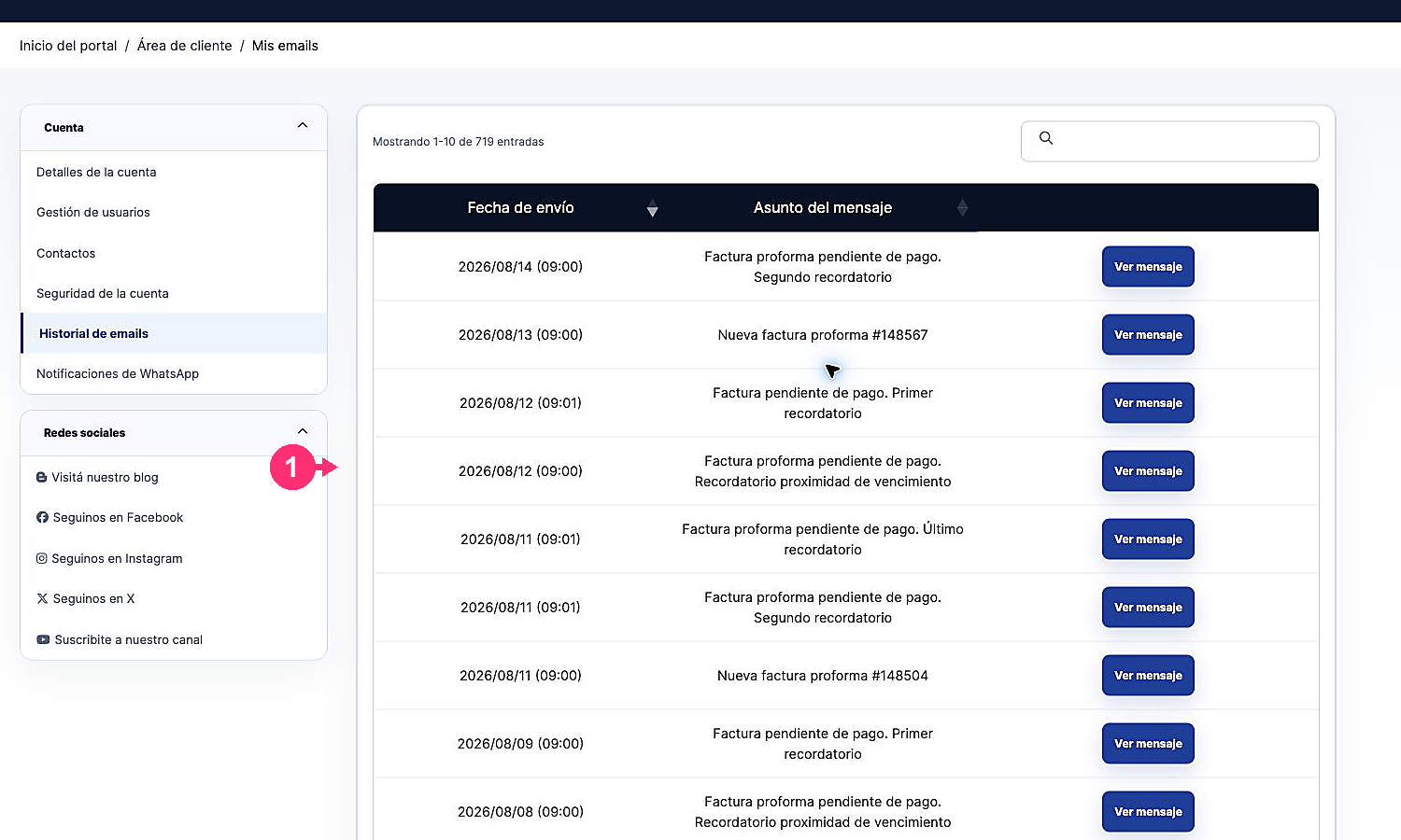 Listado actualizado del historial de emails