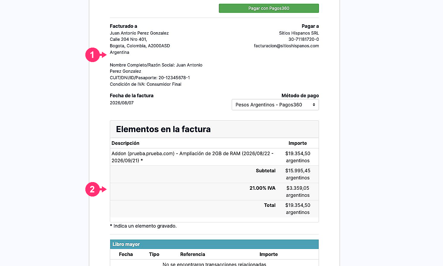 Detalle de una factura pendiente