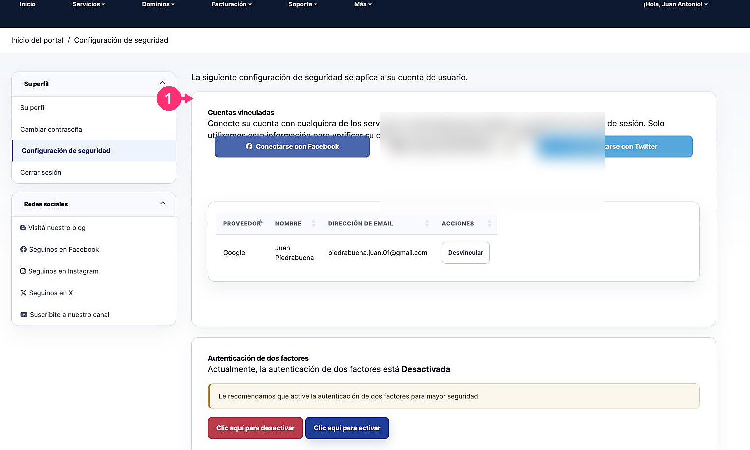 Opciones actuales para vincular Facebook, Google o Twitter