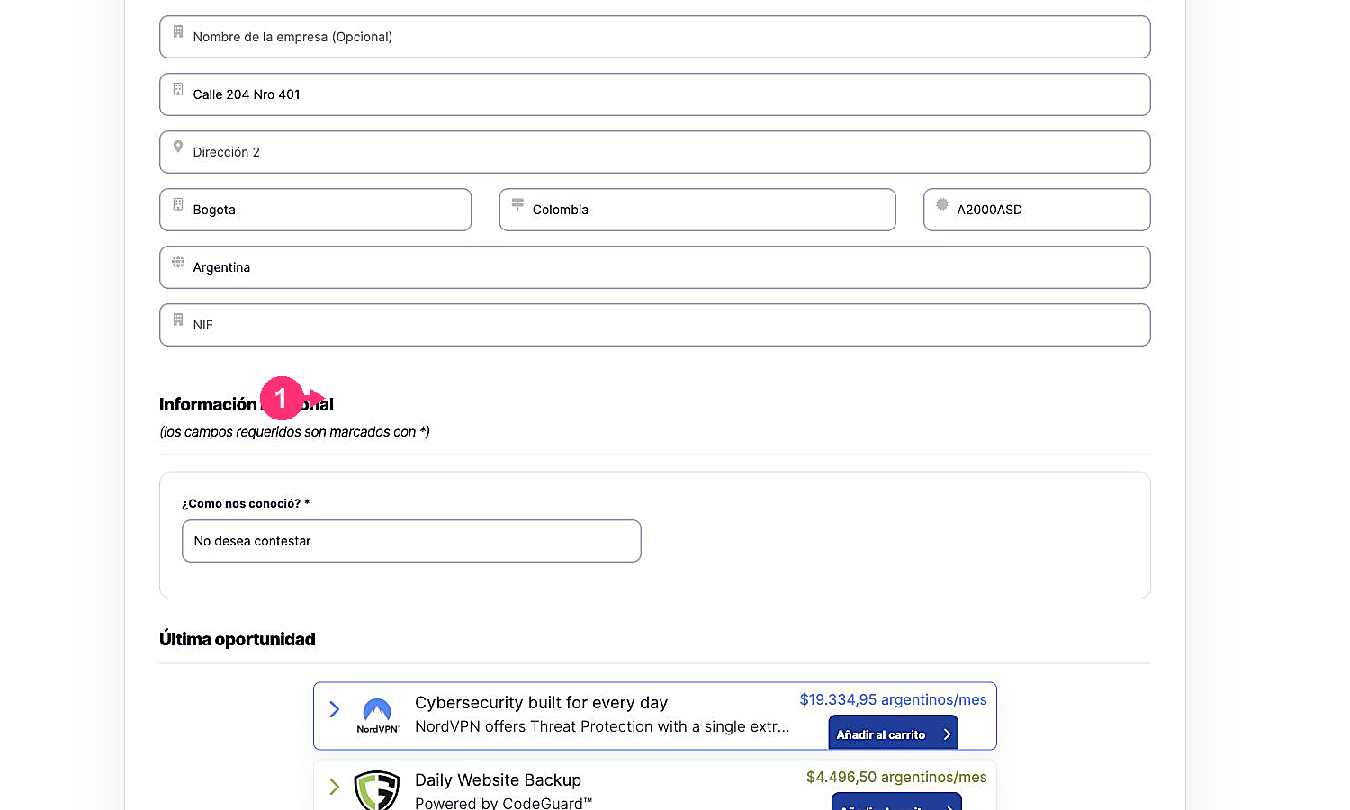 Formulario de datos para un cliente nuevo
