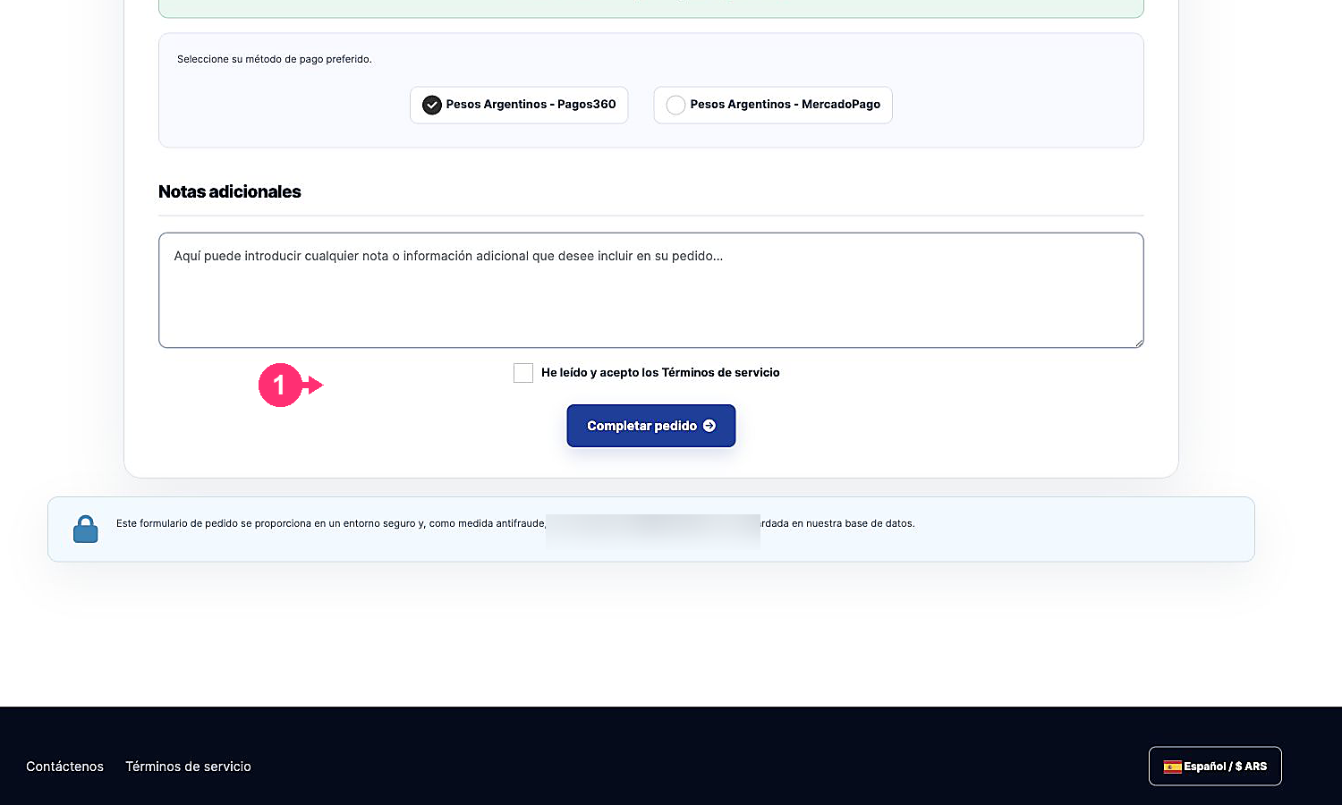 Opciones finales del checkout para un cliente nuevo