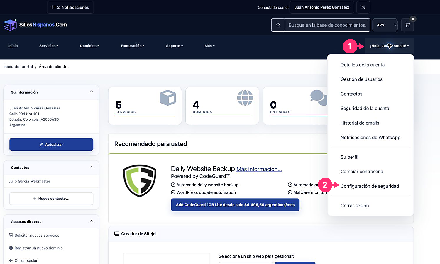 Menú de perfil con Configuración de seguridad señalada
