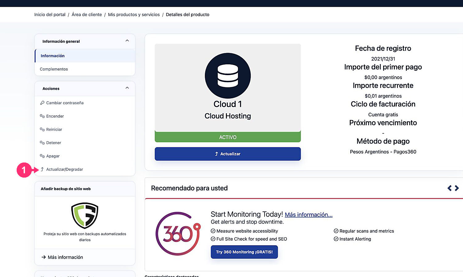 Detalle de un servicio con la opción Actualizar o Degradar
