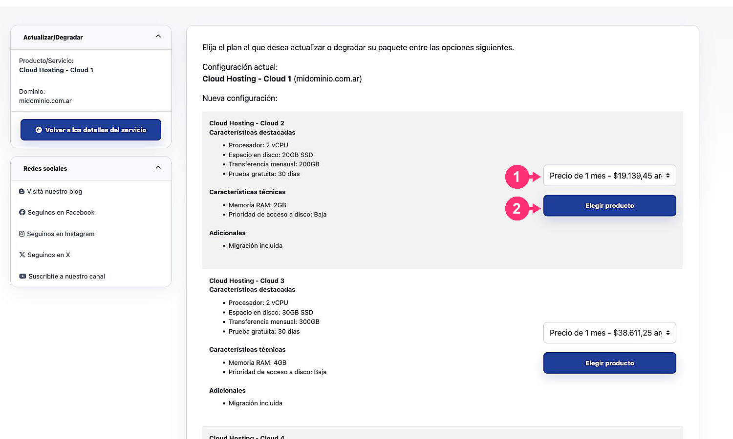 Listado de planes disponibles para actualizar un servicio