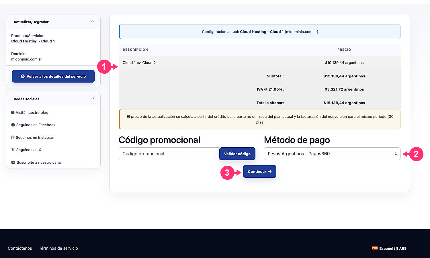 Resumen de precio de la actualización del servicio