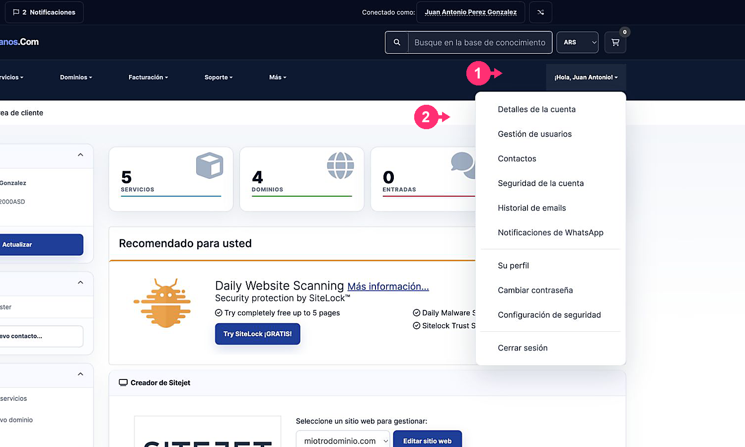 Menú de perfil con Gestión de usuarios señalada