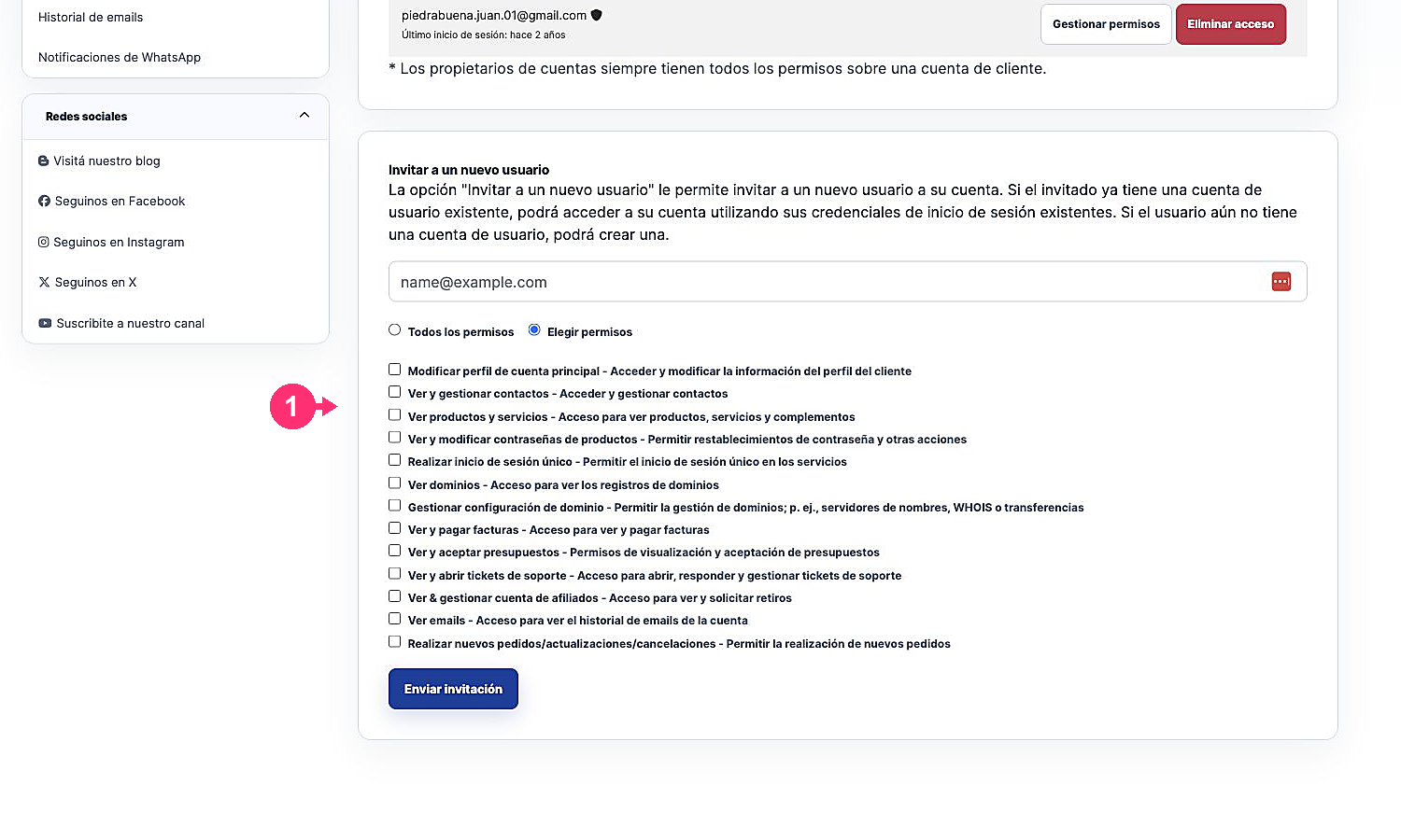 Listado de permisos disponibles para un usuario invitado