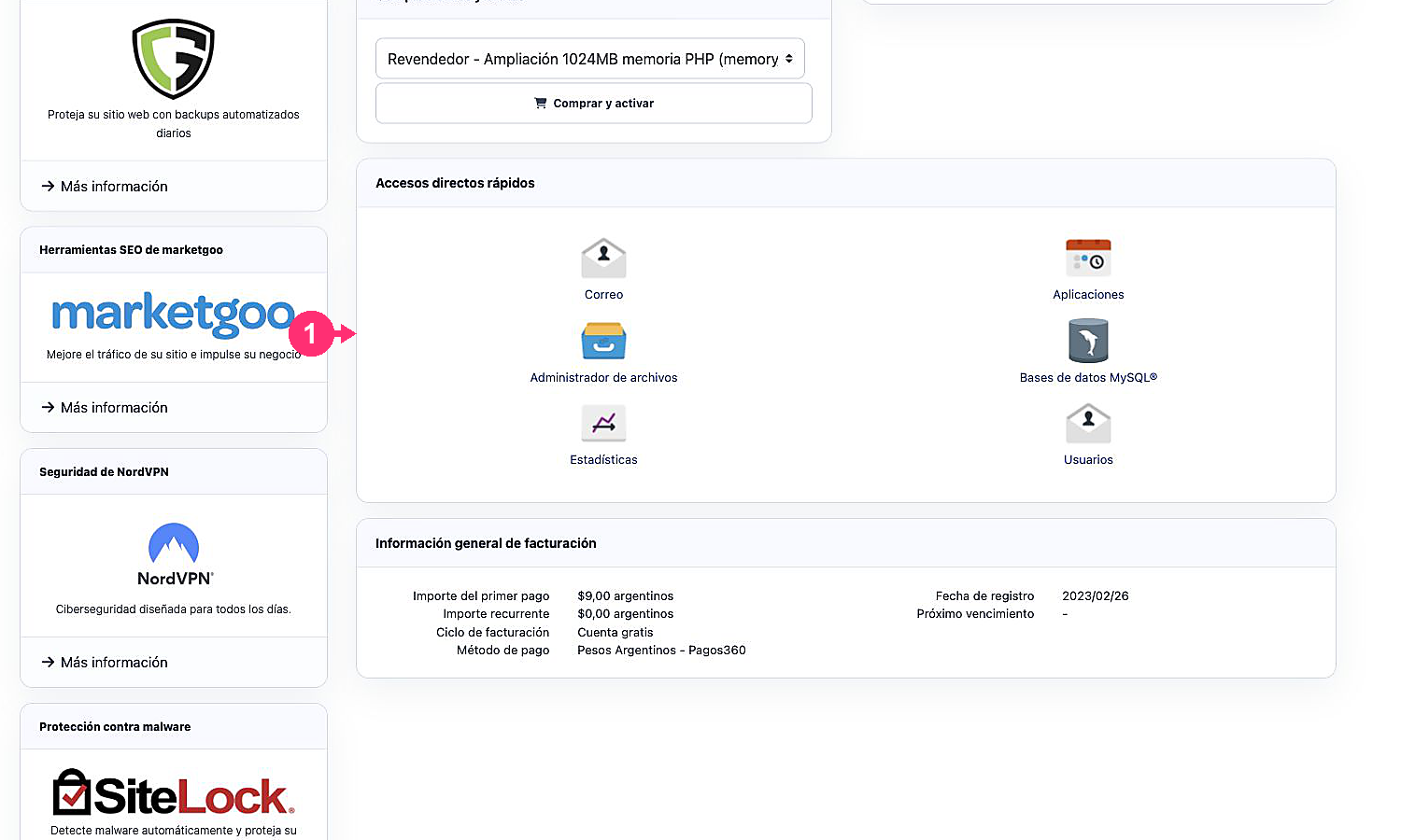 Accesos directos rápidos a herramientas de Plesk