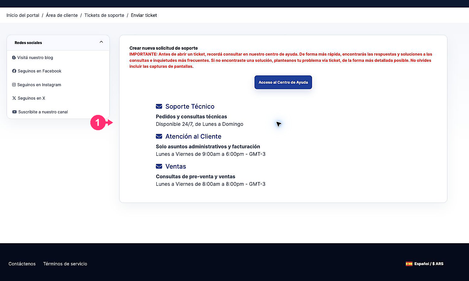 Departamentos disponibles para abrir un ticket