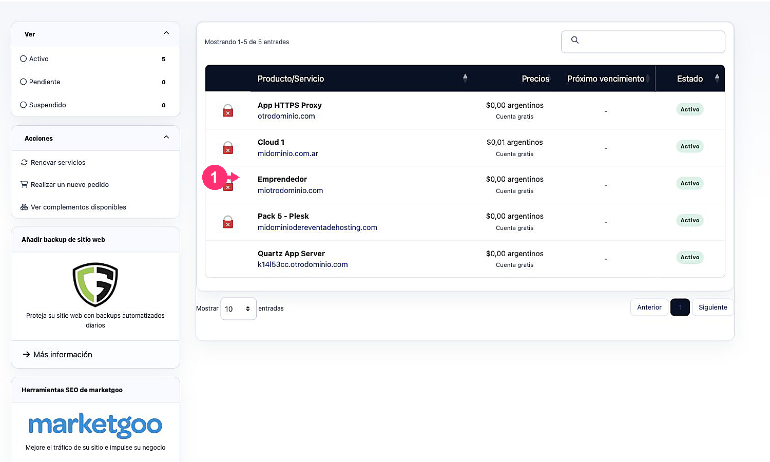Servicio de hosting cPanel en el listado del Área de Cliente